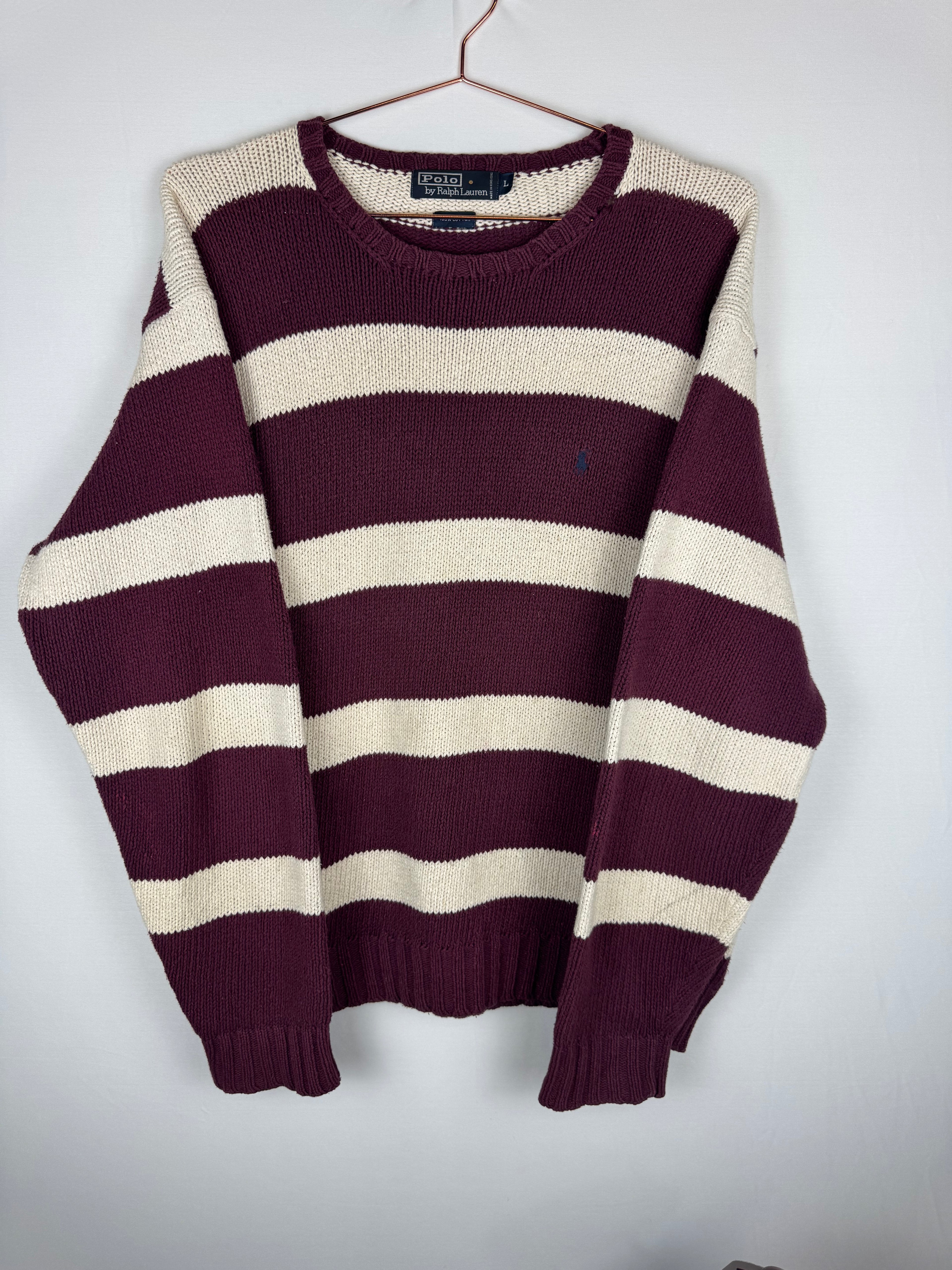 Ralph Lauren Burgundy and Cream Striped Knitted Jumper