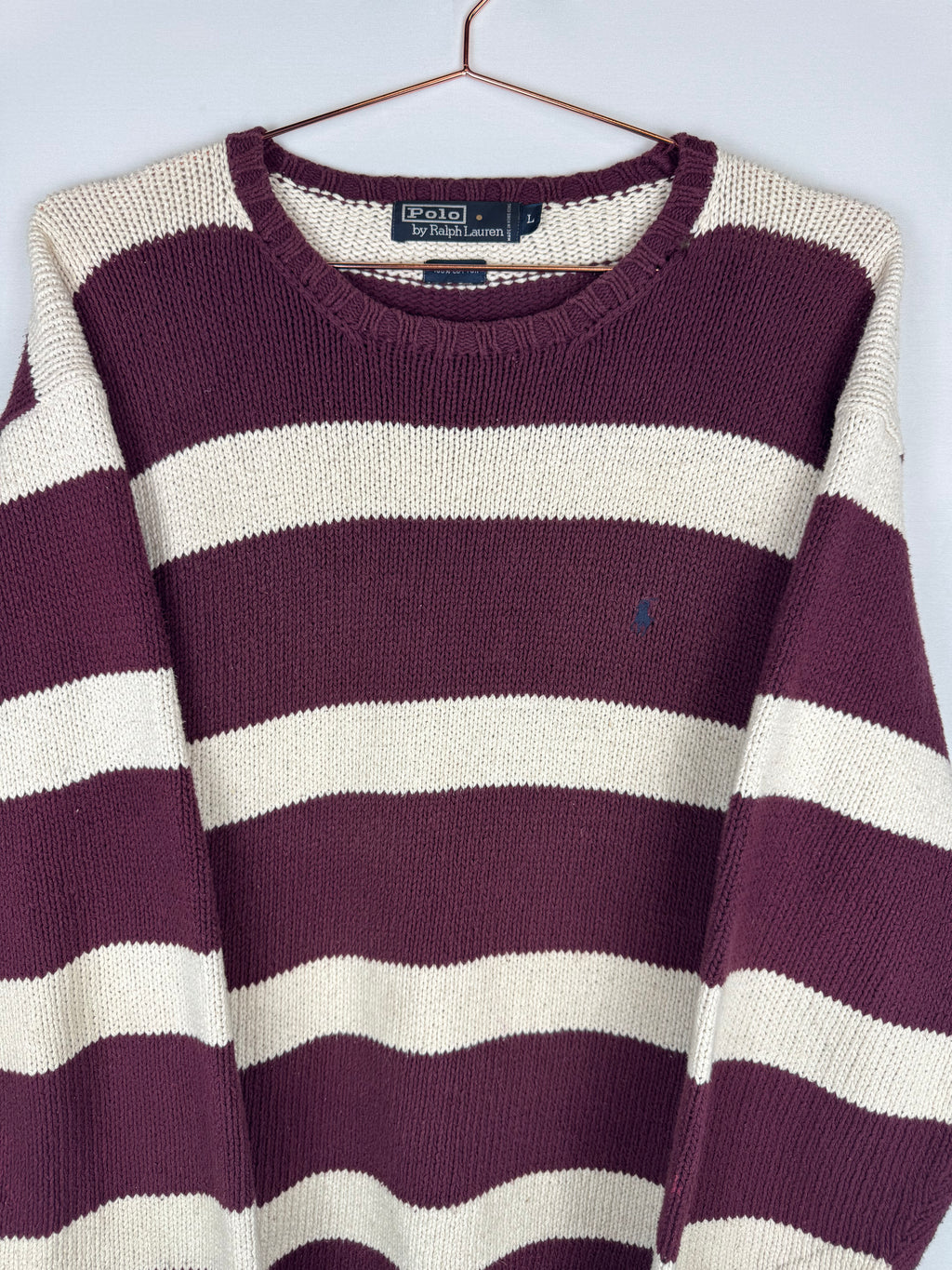 Ralph Lauren Burgundy and Cream Striped Knitted Jumper