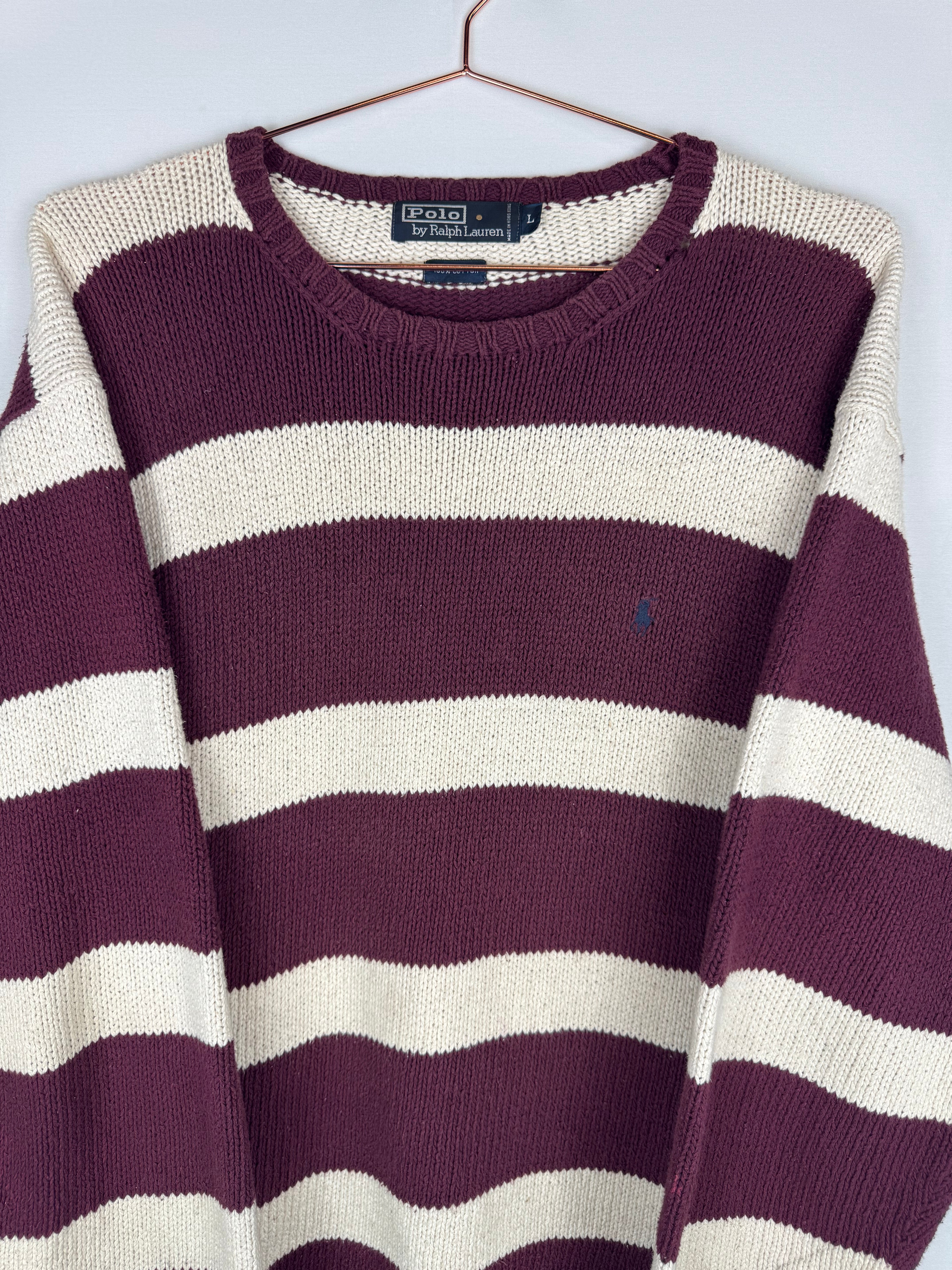 Ralph Lauren Burgundy and Cream Striped Knitted Jumper