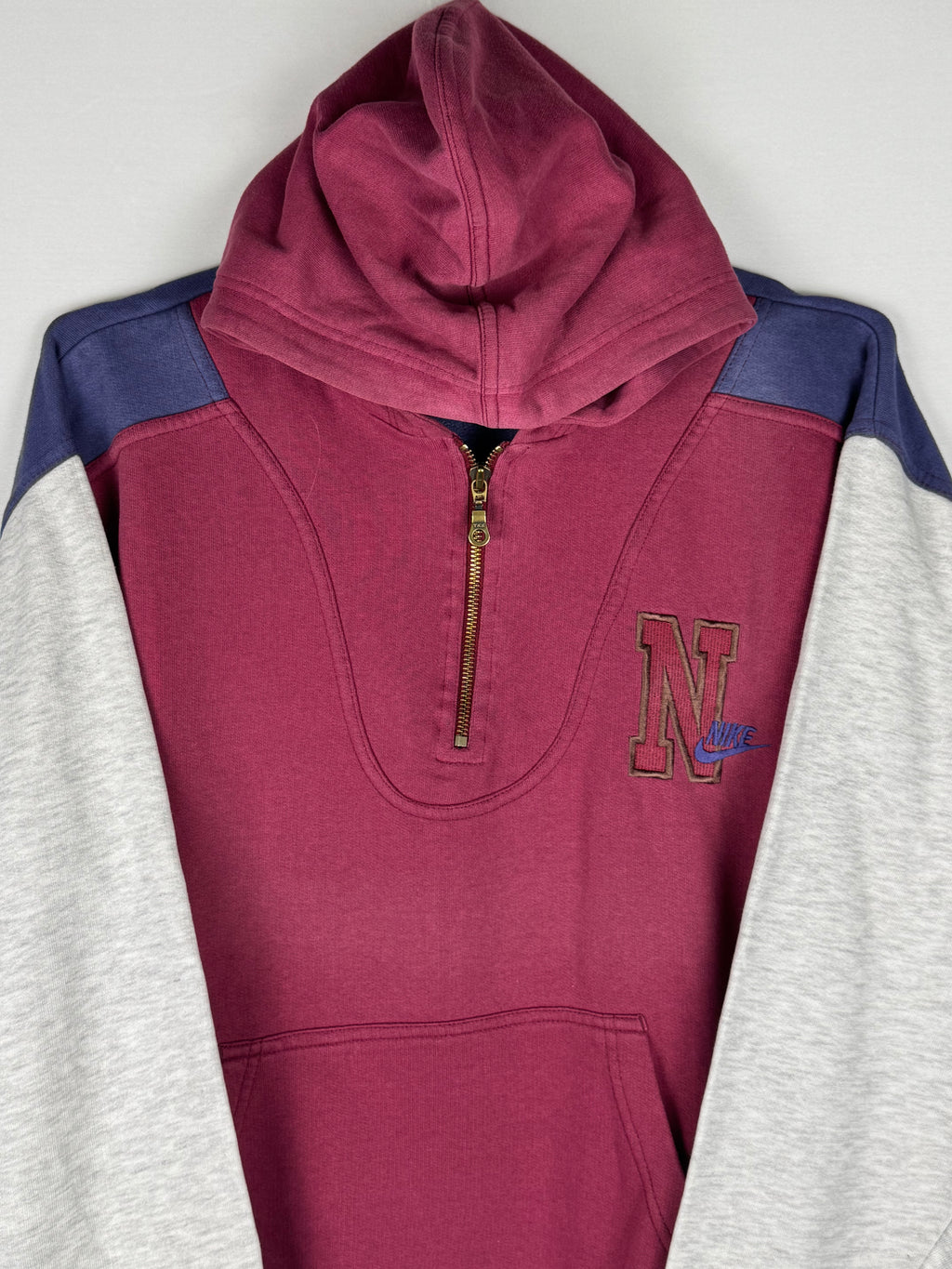 Rare 1990s Nike Navy, Burgundy and Grey Half-Zip Hoodie