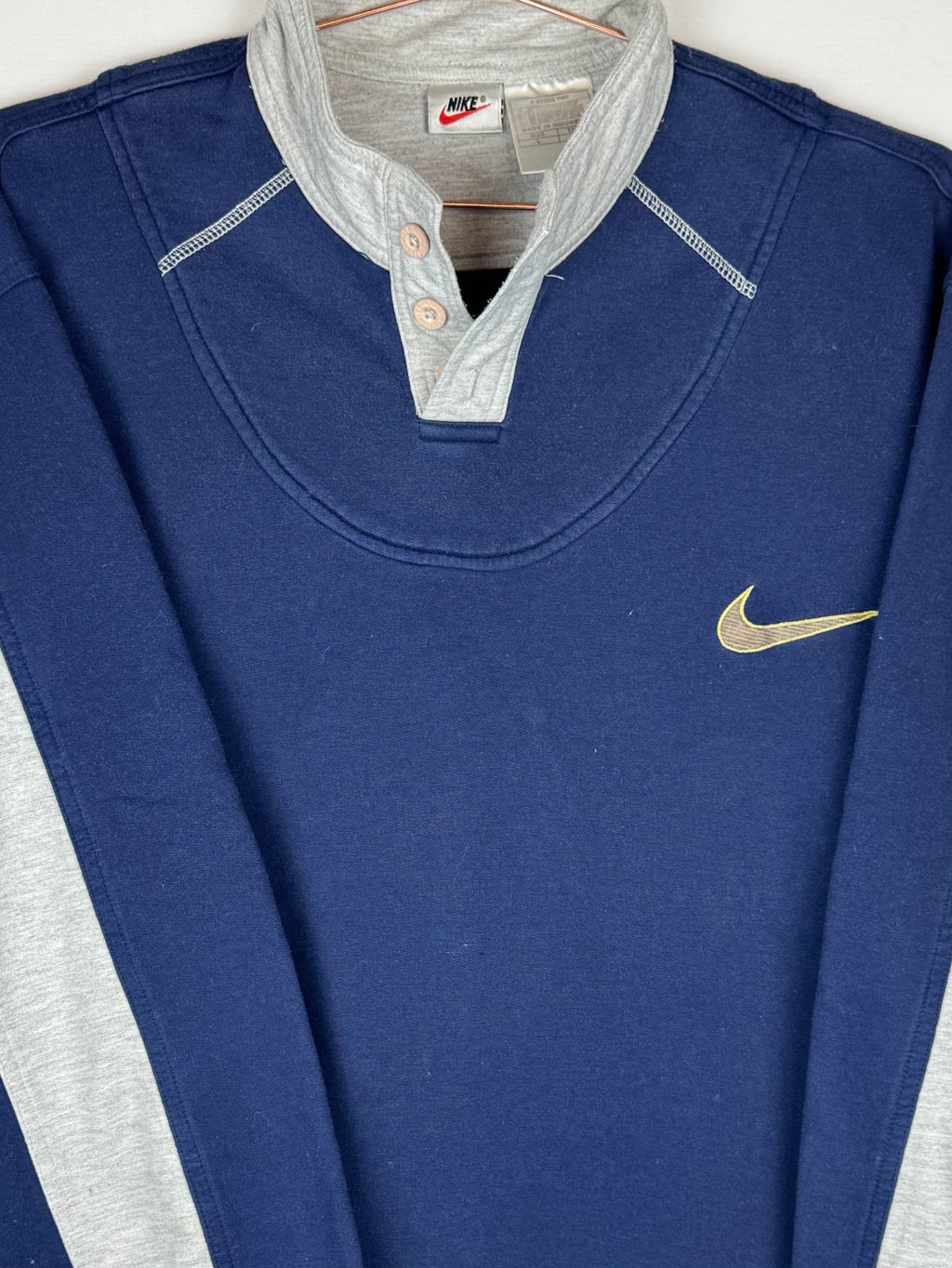 90s Nike Navy Blue and Grey Henley Sweatshirt