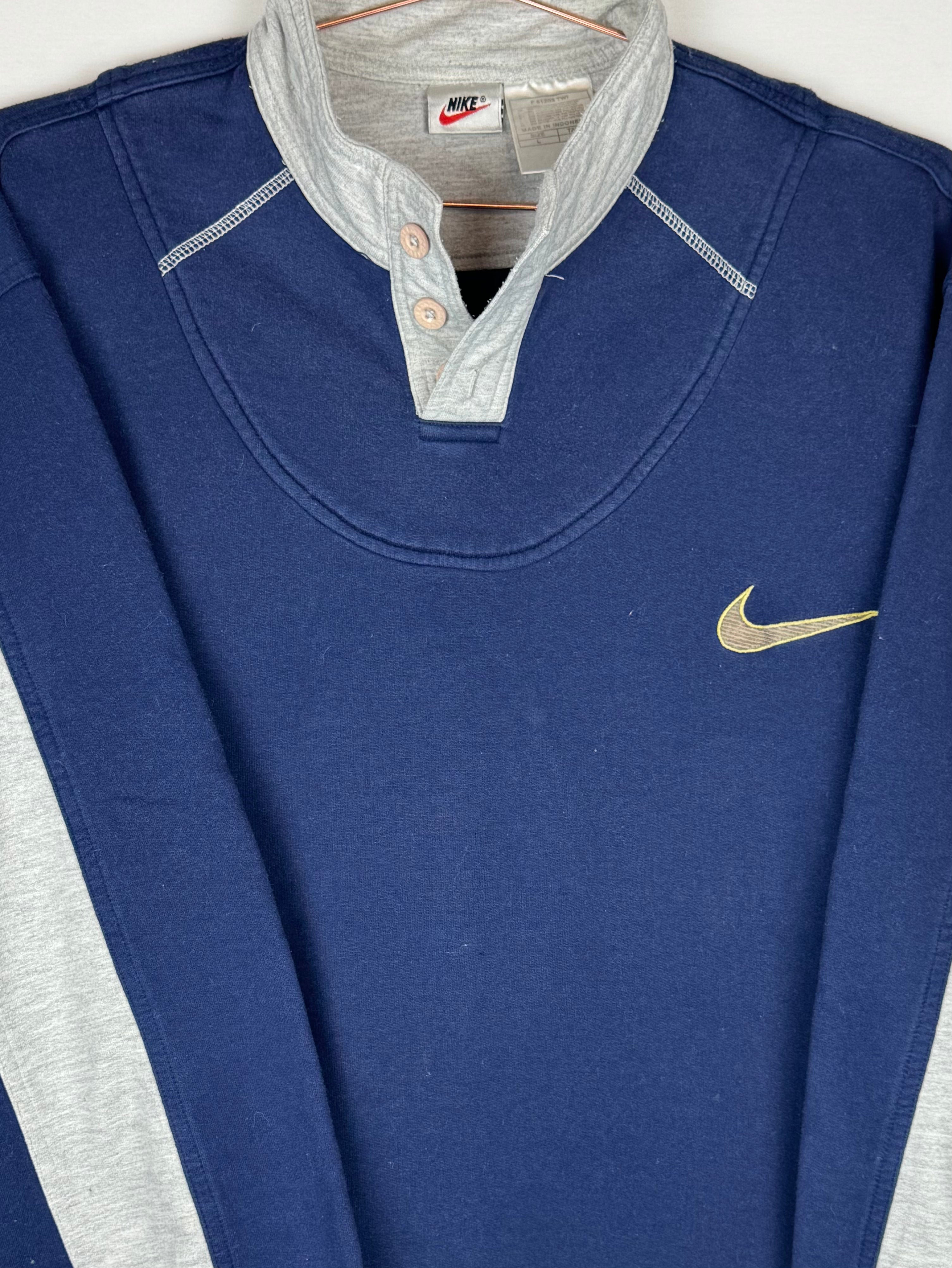 90s Nike Navy Blue and Grey Henley Sweatshirt