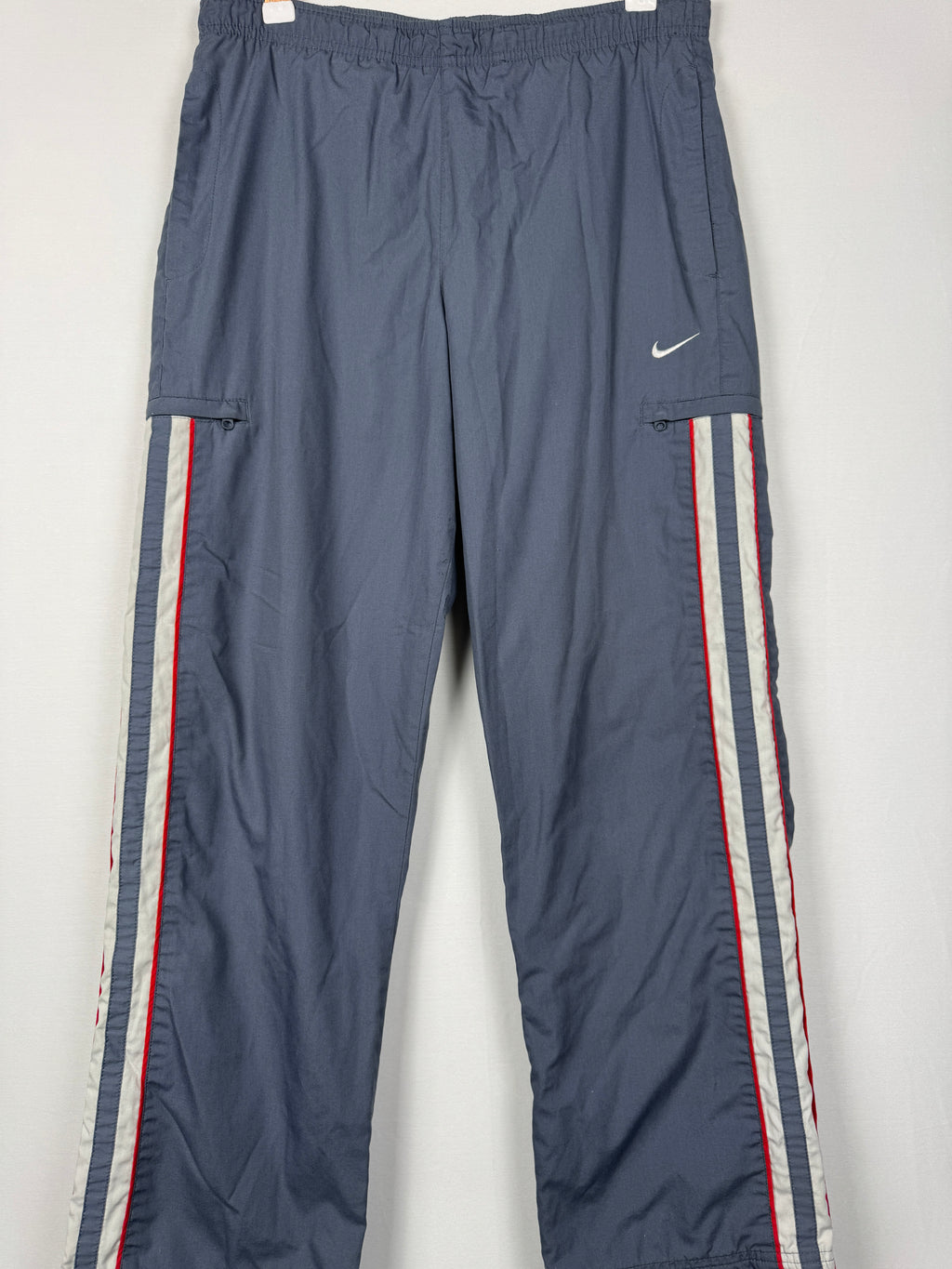 Nike Early 2000s Vintage Grey Track Bottoms with White and Red Accent Piping