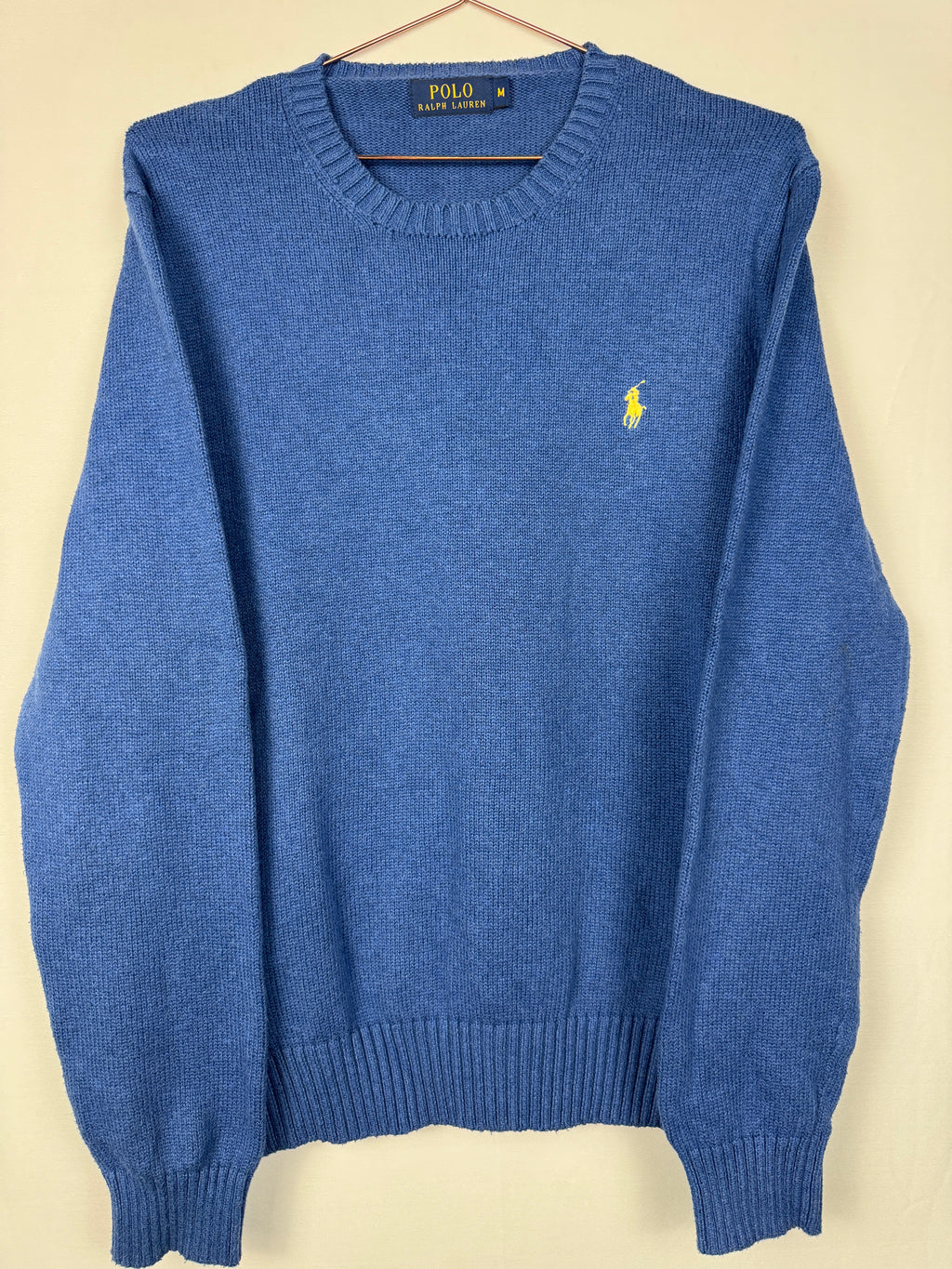 Ralph Lauren Vintage Blue Crewneck Knitted Jumper with Yellow Embroidered Horse