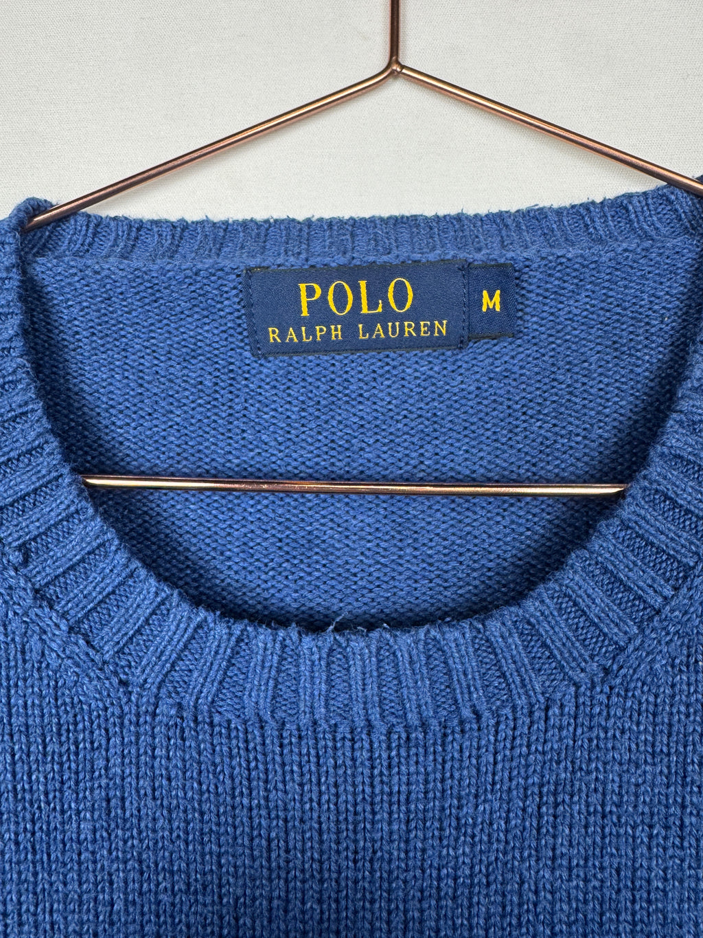 Ralph Lauren Vintage Blue Crewneck Knitted Jumper with Yellow Embroidered Horse