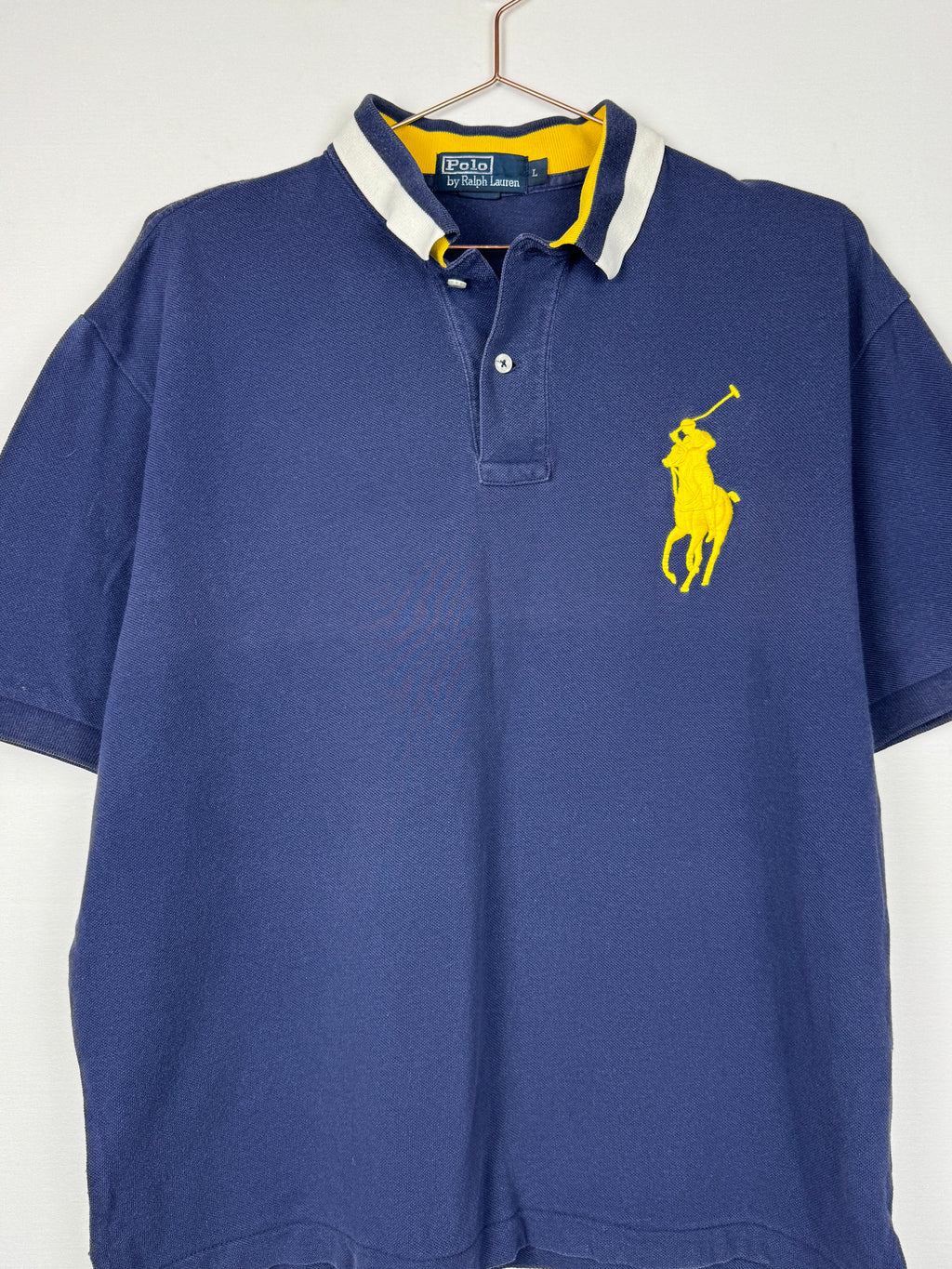Ralph Lauren Vintage Navy Blue Short Sleeve Polo Shirt with Large Yellow Pony Logo