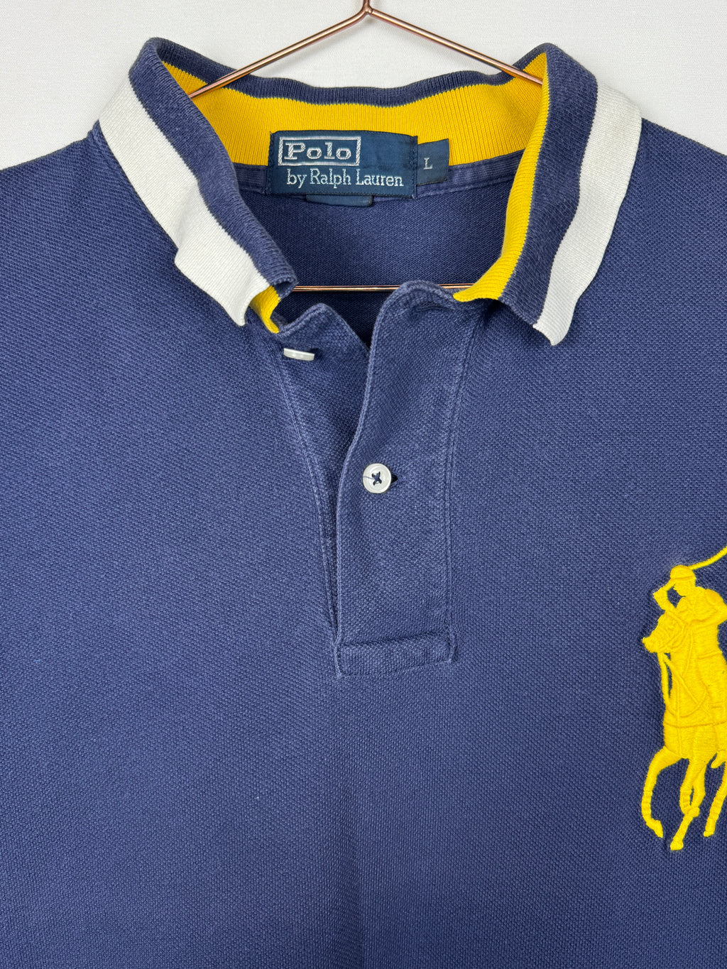Ralph Lauren Vintage Navy Blue Short Sleeve Polo Shirt with Large Yellow Pony Logo