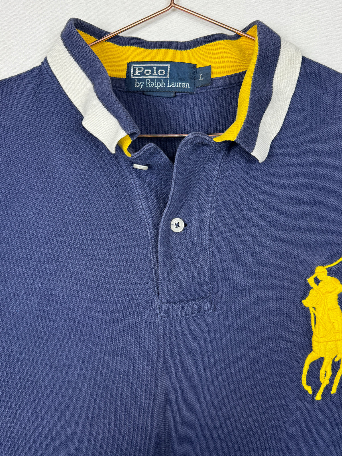 Ralph Lauren Vintage Navy Blue Short Sleeve Polo Shirt with Large Yellow Pony Logo