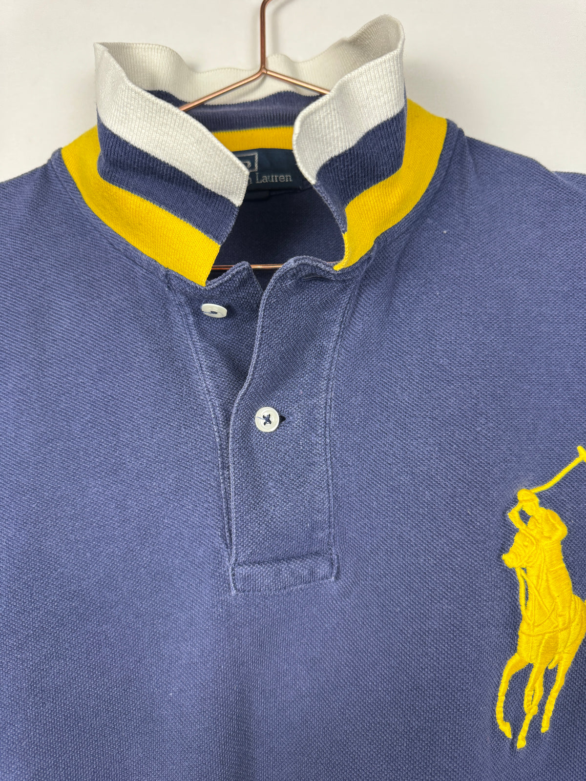 Ralph Lauren Vintage Navy Blue Short Sleeve Polo Shirt with Large Yellow Pony Logo