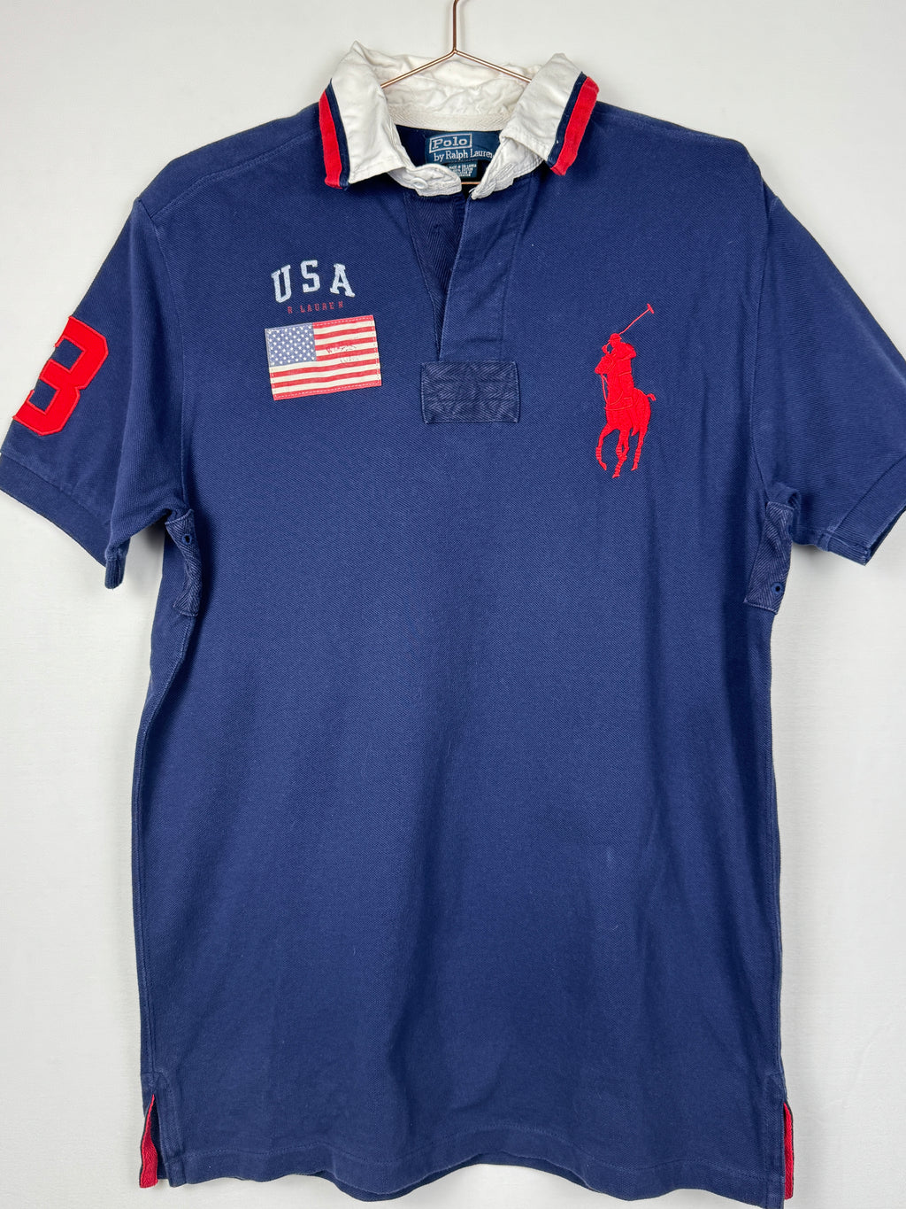 Ralph Lauren Vintage Navy Blue USA Short Sleeve Polo Shirt with Large Red Pony