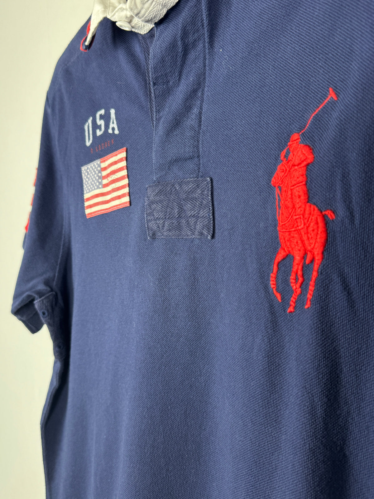 Ralph Lauren Vintage Navy Blue USA Short Sleeve Polo Shirt with Large Red Pony