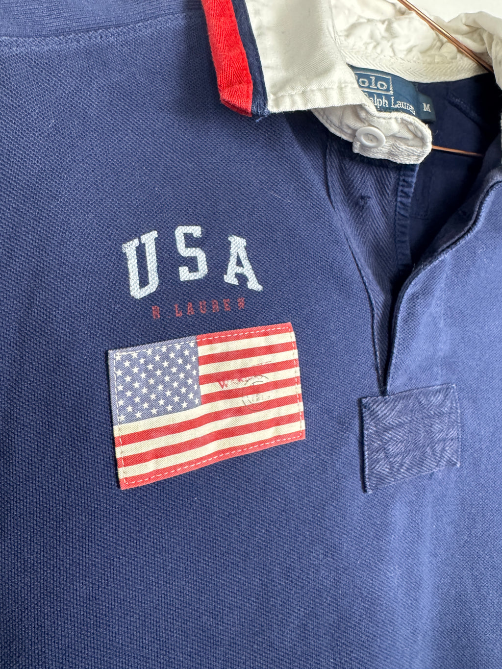 Ralph Lauren Vintage Navy Blue USA Short Sleeve Polo Shirt with Large Red Pony