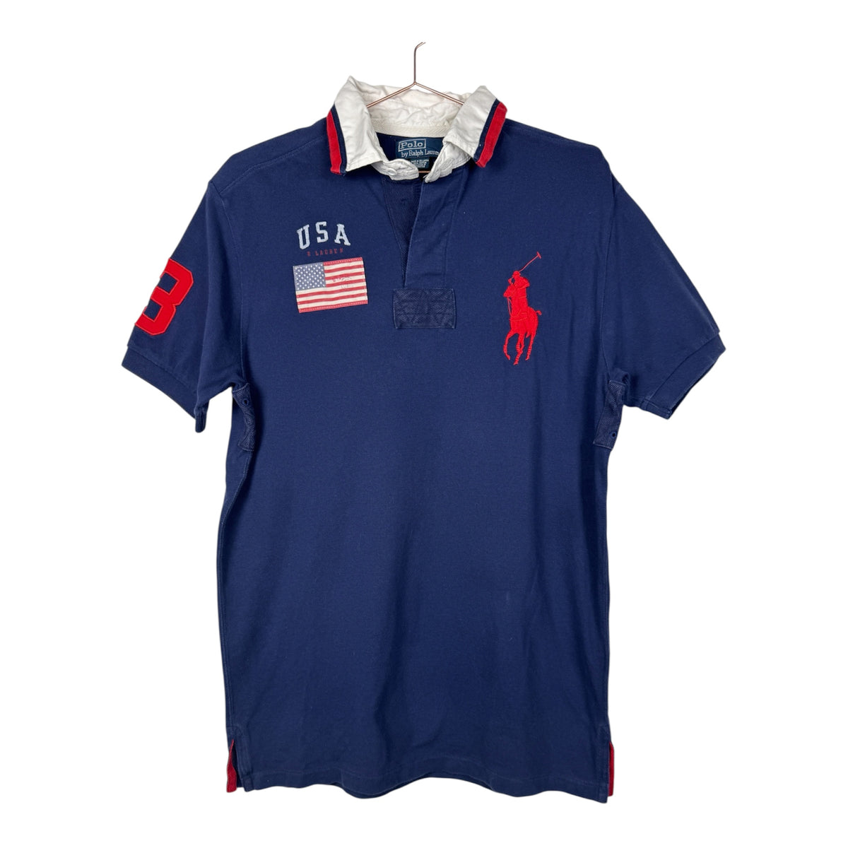 Ralph Lauren Vintage Navy Blue USA Short Sleeve Polo Shirt with Large Red Pony